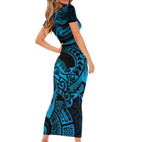 New Zealand Tuatara Family Matching Short Sleeve Bodycon Dress and Hawaiian Shirt Aotearoa Maori Clematis Flowers - Blue LT14 - Polynesian Pride