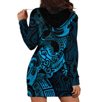 New Zealand Tuatara Hoodie Dress Aotearoa Maori Clematis Flowers - Blue LT14 - Polynesian Pride