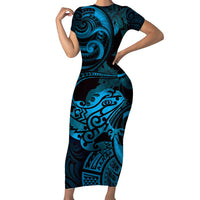 New Zealand Tuatara Short Sleeve Bodycon Dress Aotearoa Maori Clematis Flowers - Blue LT14 Long Dress Blue - Polynesian Pride