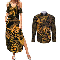 New Zealand Tuatara Couples Matching Summer Maxi Dress and Long Sleeve Button Shirt Aotearoa Maori Clematis Flowers - Gold LT14 Gold - Polynesian Pride