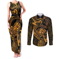 New Zealand Tuatara Couples Matching Tank Maxi Dress and Long Sleeve Button Shirt Aotearoa Maori Clematis Flowers - Gold LT14 Gold - Polynesian Pride