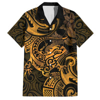 New Zealand Tuatara Family Matching Long Sleeve Bodycon Dress and Hawaiian Shirt Aotearoa Maori Clematis Flowers - Gold LT14 Dad's Shirt - Short Sleeve Gold - Polynesian Pride