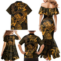 New Zealand Tuatara Family Matching Mermaid Dress and Hawaiian Shirt Aotearoa Maori Clematis Flowers - Gold LT14 - Polynesian Pride