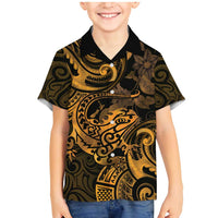 New Zealand Tuatara Family Matching Mermaid Dress and Hawaiian Shirt Aotearoa Maori Clematis Flowers - Gold LT14 Son's Shirt Gold - Polynesian Pride
