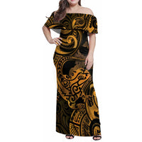 New Zealand Tuatara Family Matching Off Shoulder Maxi Dress and Hawaiian Shirt Aotearoa Maori Clematis Flowers - Gold