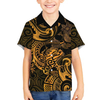 New Zealand Tuatara Family Matching Puletasi and Hawaiian Shirt Aotearoa Maori Clematis Flowers - Gold LT14 Son's Shirt Gold - Polynesian Pride