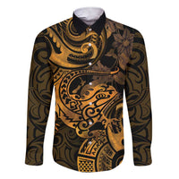 New Zealand Tuatara Family Matching Short Sleeve Bodycon Dress and Hawaiian Shirt Aotearoa Maori Clematis Flowers - Gold LT14 Dad's Shirt - Long Sleeve Gold - Polynesian Pride