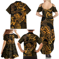 New Zealand Tuatara Family Matching Summer Maxi Dress and Hawaiian Shirt Aotearoa Maori Clematis Flowers - Gold