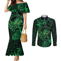 New Zealand Tuatara Couples Matching Mermaid Dress and Long Sleeve Button Shirt Aotearoa Maori Clematis Flowers - Green LT14 Green - Polynesian Pride
