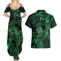 New Zealand Tuatara Couples Matching Summer Maxi Dress and Hawaiian Shirt Aotearoa Maori Clematis Flowers - Green LT14 - Polynesian Pride