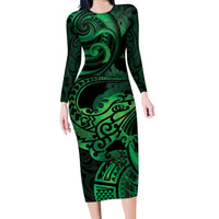 New Zealand Tuatara Family Matching Long Sleeve Bodycon Dress and Hawaiian Shirt Aotearoa Maori Clematis Flowers - Green LT14 Mom's Dress Green - Polynesian Pride