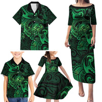 New Zealand Tuatara Family Matching Puletasi and Hawaiian Shirt Aotearoa Maori Clematis Flowers - Green LT14 - Polynesian Pride