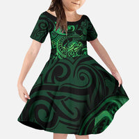 New Zealand Tuatara Family Matching Short Sleeve Bodycon Dress and Hawaiian Shirt Aotearoa Maori Clematis Flowers - Green LT14 Daughter's Dress Green - Polynesian Pride