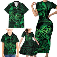 New Zealand Tuatara Family Matching Short Sleeve Bodycon Dress and Hawaiian Shirt Aotearoa Maori Clematis Flowers - Green LT14 - Polynesian Pride