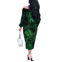 New Zealand Tuatara Off The Shoulder Long Sleeve Dress Aotearoa Maori Clematis Flowers - Green LT14 - Polynesian Pride
