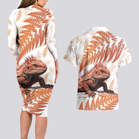 Red New Zealand Tuatara Couples Matching Long Sleeve Bodycon Dress and Hawaiian Shirt Aotearoa Sphenodon Punctatus Silver Fern LT14 - Polynesian Pride