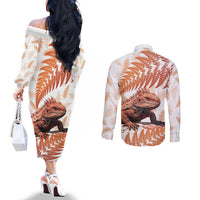 Red New Zealand Tuatara Couples Matching Off The Shoulder Long Sleeve Dress and Long Sleeve Button Shirt Aotearoa Sphenodon Punctatus Silver Fern LT14 - Polynesian Pride