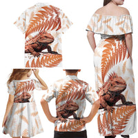 Red New Zealand Tuatara Family Matching Off Shoulder Maxi Dress and Hawaiian Shirt Aotearoa Sphenodon Punctatus Silver Fern