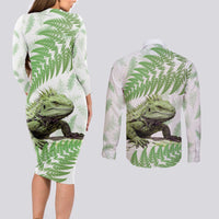 Green New Zealand Tuatara Couples Matching Long Sleeve Bodycon Dress and Long Sleeve Button Shirt Aotearoa Sphenodon Punctatus Silver Fern LT14 - Polynesian Pride