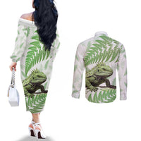 Green New Zealand Tuatara Couples Matching Off The Shoulder Long Sleeve Dress and Long Sleeve Button Shirt Aotearoa Sphenodon Punctatus Silver Fern LT14 - Polynesian Pride