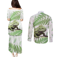 Green New Zealand Tuatara Couples Matching Puletasi and Long Sleeve Button Shirt Aotearoa Sphenodon Punctatus Silver Fern LT14 - Polynesian Pride