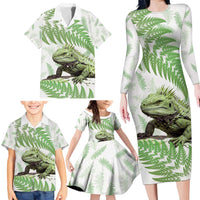Green New Zealand Tuatara Family Matching Long Sleeve Bodycon Dress and Hawaiian Shirt Aotearoa Sphenodon Punctatus Silver Fern LT14 - Polynesian Pride