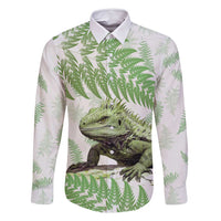 Green New Zealand Tuatara Family Matching Long Sleeve Bodycon Dress and Hawaiian Shirt Aotearoa Sphenodon Punctatus Silver Fern LT14 Dad's Shirt - Long Sleeve Green - Polynesian Pride