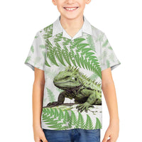 Green New Zealand Tuatara Family Matching Long Sleeve Bodycon Dress and Hawaiian Shirt Aotearoa Sphenodon Punctatus Silver Fern LT14 Son's Shirt Green - Polynesian Pride