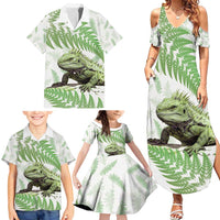 Green New Zealand Tuatara Family Matching Summer Maxi Dress and Hawaiian Shirt Aotearoa Sphenodon Punctatus Silver Fern