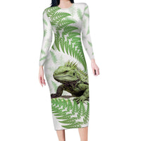 Green New Zealand Tuatara Long Sleeve Bodycon Dress Aotearoa Sphenodon Punctatus Silver Fern LT14 Long Dress Green - Polynesian Pride