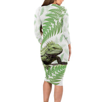 Green New Zealand Tuatara Long Sleeve Bodycon Dress Aotearoa Sphenodon Punctatus Silver Fern LT14 - Polynesian Pride