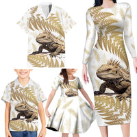 Gold New Zealand Tuatara Family Matching Long Sleeve Bodycon Dress and Hawaiian Shirt Aotearoa Sphenodon Punctatus Silver Fern LT14 - Polynesian Pride