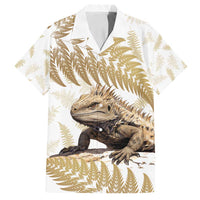Gold New Zealand Tuatara Family Matching Long Sleeve Bodycon Dress and Hawaiian Shirt Aotearoa Sphenodon Punctatus Silver Fern LT14 Dad's Shirt - Short Sleeve Gold - Polynesian Pride