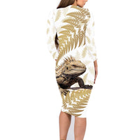 Gold New Zealand Tuatara Family Matching Long Sleeve Bodycon Dress and Hawaiian Shirt Aotearoa Sphenodon Punctatus Silver Fern LT14 - Polynesian Pride
