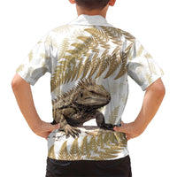 Gold New Zealand Tuatara Family Matching Short Sleeve Bodycon Dress and Hawaiian Shirt Aotearoa Sphenodon Punctatus Silver Fern LT14 - Polynesian Pride