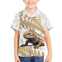 Gold New Zealand Tuatara Family Matching Short Sleeve Bodycon Dress and Hawaiian Shirt Aotearoa Sphenodon Punctatus Silver Fern LT14 Son's Shirt Gold - Polynesian Pride