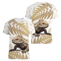Gold New Zealand Tuatara Women V-Neck T-Shirt Aotearoa Sphenodon Punctatus Silver Fern LT14 - Polynesian Pride