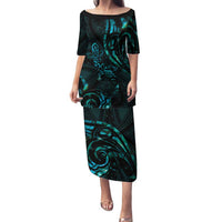 New Zealand Skink Family Matching Puletasi and Hawaiian Shirt Aotearoa Maori Mix Paua Shell LT14 Mom's Dress Blue - Polynesian Pride