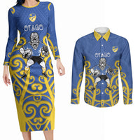 Otago Custom Rugby New Zealand Couples Matching Long Sleeve Bodycon Dress and Long Sleeve Button Shirt Aotearoa Maori Pukana Tiki Mascot