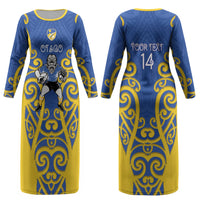 Otago Custom Rugby New Zealand Couples Matching Long Sleeve Bodycon Dress and Long Sleeve Button Shirt Aotearoa Maori Pukana Tiki Mascot