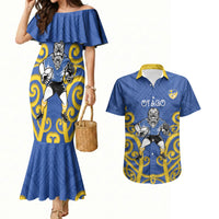 Otago Custom Rugby New Zealand Couples Matching Mermaid Dress and Hawaiian Shirt Aotearoa Maori Pukana Tiki Mascot