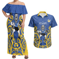 Otago Custom Rugby New Zealand Couples Matching Off Shoulder Maxi Dress and Hawaiian Shirt Aotearoa Maori Pukana Tiki Mascot