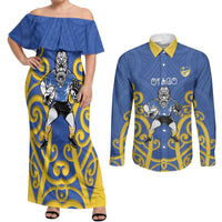 Otago Custom Rugby New Zealand Couples Matching Off Shoulder Maxi Dress and Long Sleeve Button Shirt Aotearoa Maori Pukana Tiki Mascot