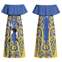 Otago Custom Rugby New Zealand Couples Matching Off Shoulder Maxi Dress and Long Sleeve Button Shirt Aotearoa Maori Pukana Tiki Mascot