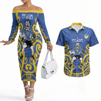 Otago Custom Rugby New Zealand Couples Matching Off The Shoulder Long Sleeve Dress and Hawaiian Shirt Aotearoa Maori Pukana Tiki Mascot