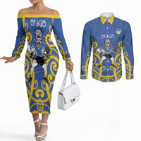 Otago Custom Rugby New Zealand Couples Matching Off The Shoulder Long Sleeve Dress and Long Sleeve Button Shirt Aotearoa Maori Pukana Tiki Mascot