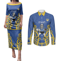 Otago Custom Rugby New Zealand Couples Matching Puletasi and Long Sleeve Button Shirt Aotearoa Maori Pukana Tiki Mascot
