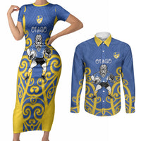 Otago Custom Rugby New Zealand Couples Matching Short Sleeve Bodycon Dress and Long Sleeve Button Shirt Aotearoa Maori Pukana Tiki Mascot