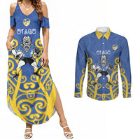 Otago Custom Rugby New Zealand Couples Matching Summer Maxi Dress and Long Sleeve Button Shirt Aotearoa Maori Pukana Tiki Mascot
