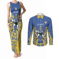 Otago Custom Rugby New Zealand Couples Matching Tank Maxi Dress and Long Sleeve Button Shirt Aotearoa Maori Pukana Tiki Mascot